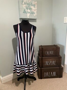 LOFT Navy, White & Red Striped Ruffle-Hem Tank Dress